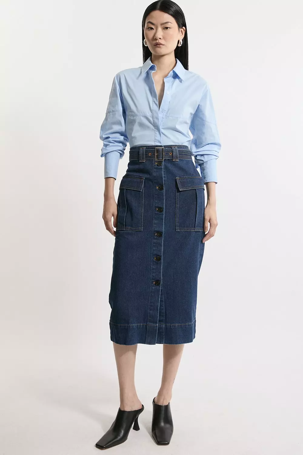 HYKE DENIM MIDI SKIRT USEDWASH BLUE スカート
